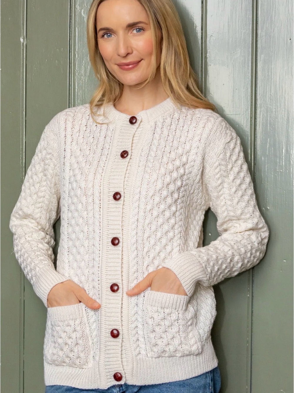 Vintage John Malloy Cream Cable Knit 100% Wool Cardigan